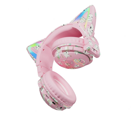 VJ371 Tuya RGB Cat Ear Wireless Bluetooth Earphone with Detachable Microphone(Graffiti Powder) by bashfashion