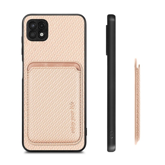 For Samsung Galaxy A22 5G Carbon Fiber Leather Card Magsafe Magnetic Phone Case(Khaki) by bashfashion