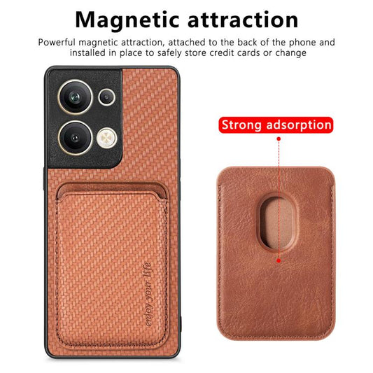 For OPPO Reno9 Carbon Fiber Leather Card Magsafe Magnetic Phone Case(Brown) by bashfashion