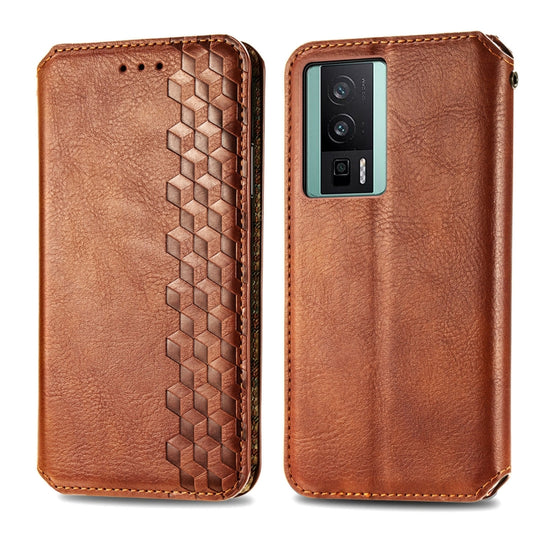 For Xiaomi Poco F5 Pro Cubic Grid Pressed Magnetic Leather Phone Case(Brown) by bashfashion
