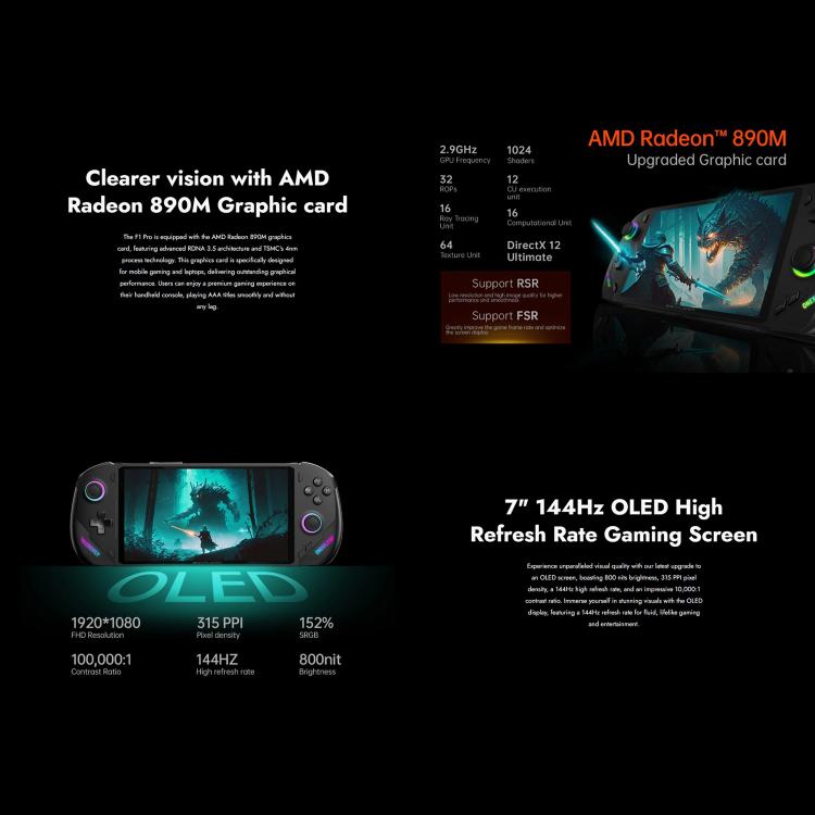 ONE-NETBOOK OneXPlayer F1 Pro 7 inch Handheld Game Console, 32GB+2TB, Windows 11 AMD Ryzen 7 8840U(US Plug) by ONE-NETBOOK