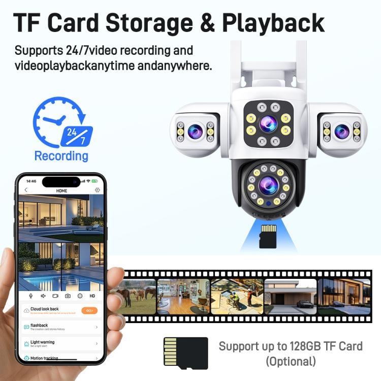 2MP HD 360 Degree Panorama 3 Lens IP66 Waterproof Wireless WiFi Camera, Memory:15 Days Memory Card(US Plug) by bashfashion