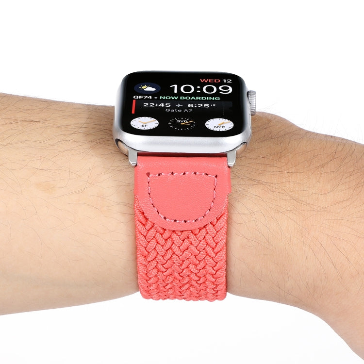 Nylon + Leather Braided Watch Band For Apple Watch Series 9&8&7 41mm / SE 3&SE 2&6&SE&5&4 40mm / 3&2&1 38mm, Size:S(Rose Red) by bashfashion