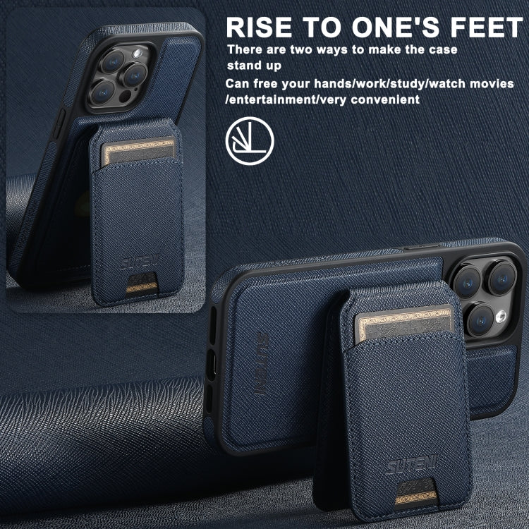 For iPhone 16 Plus Suteni M2 Cross-Grain MagSafe Vertical Card Back Phone Case(Blue) by Suteni