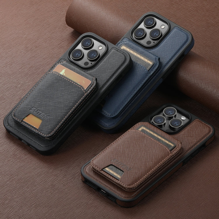 For iPhone 16 Plus Suteni M2 Cross-Grain MagSafe Vertical Card Back Phone Case(Brown) by Suteni