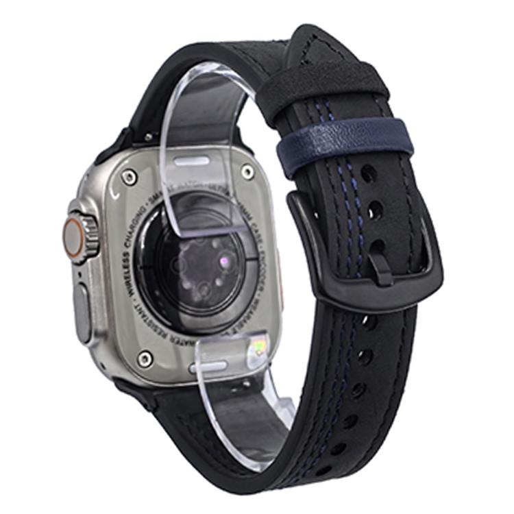 For Apple Watch 42mm / 41mm / 40mm / 38mm 7-Line Tri-Star Buckle Pull Up Leather Watch Band(Black Blue Thread) by bashfashion