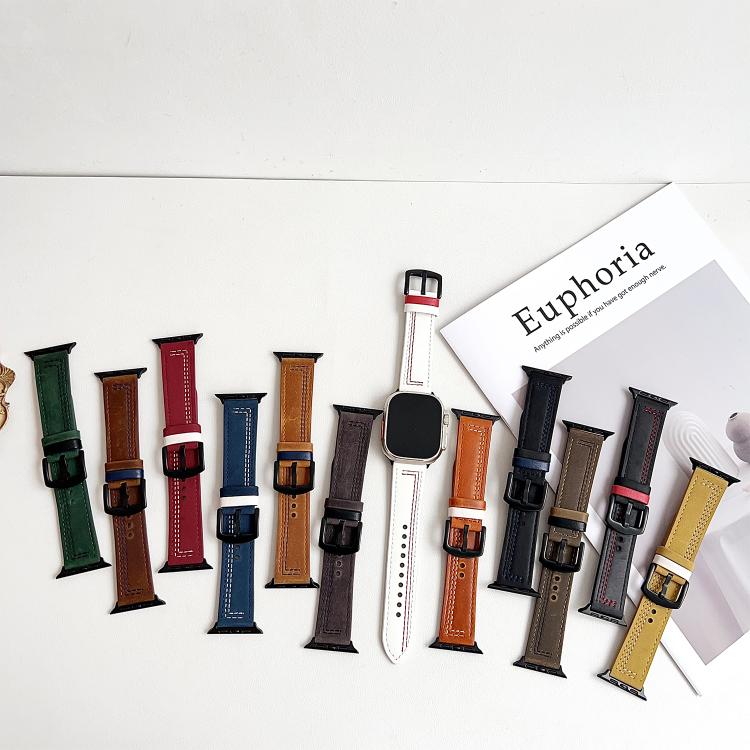 For Apple Watch 46mm / 49mm / 45mm / 44mm 7-Line Tri-Star Buckle Pull Up Leather Watch Band(Gray Black Thread) by bashfashion