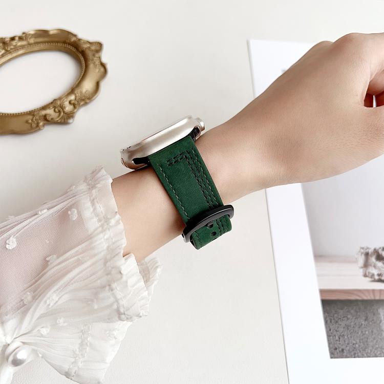 For Apple Watch 42mm / 41mm / 40mm / 38mm 7-Line Tri-Star Buckle Pull Up Leather Watch Band(Crazy Horse Green Black Thread) by bashfashion