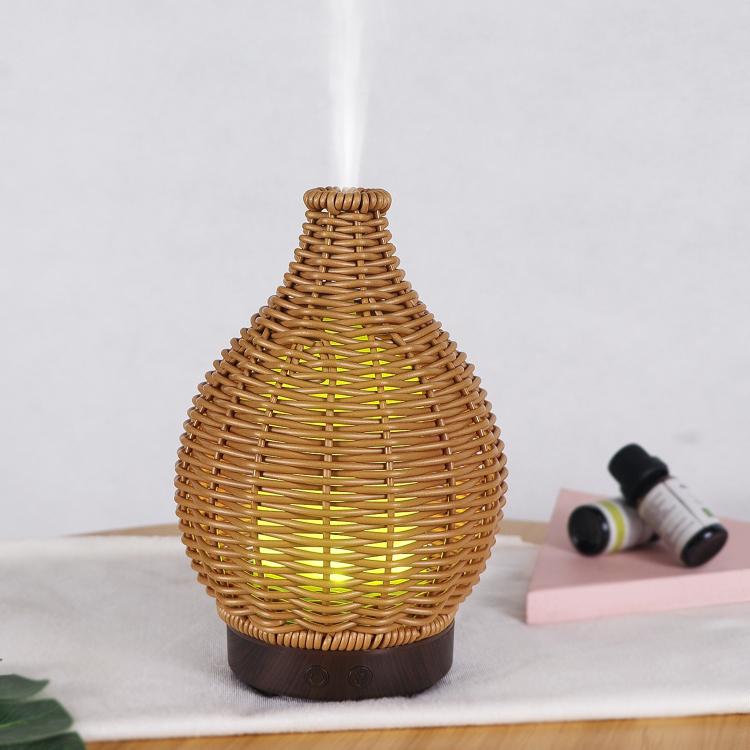 24V EU Plug 100ML Hollow Rattan Ultrasonic Humidifier & Aromatherapy Diffuser with 7-Color LED Lights(Light Wood Grain) by bashfashion
