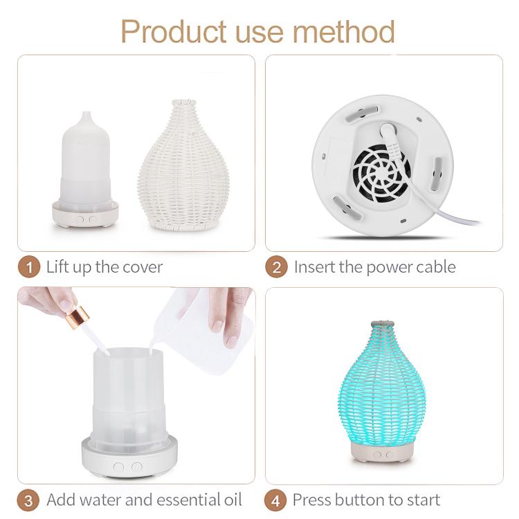 5V USB 100ML Hollow Rattan Ultrasonic Humidifier & Aromatherapy Diffuser with 7-Color LED Lights(White) by bashfashion
